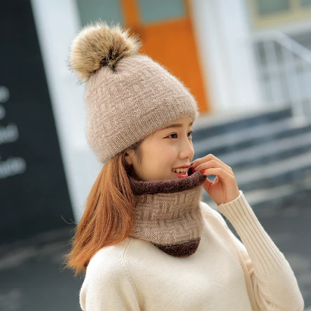 HT1477, новые модные женские зимние шапки и шарф, наборы, толстые теплые шерстяные вязаные шапки, шарф, высокое качество, Меховые помпоны, шапки, женские шапочки - Цвет: Light Khaki