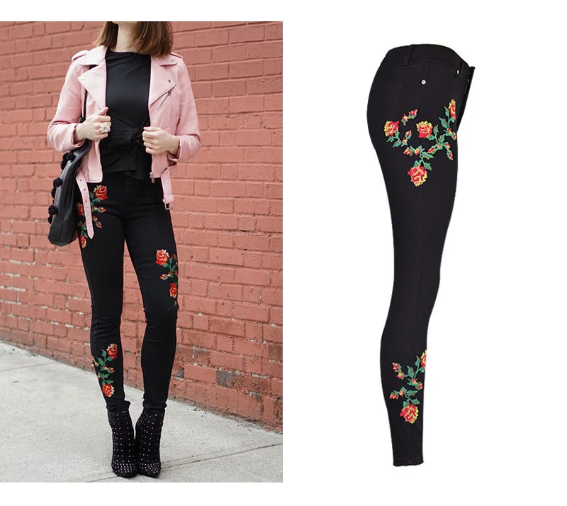 2017 European and American women hot high waist Slim stretch front and rear side cross embroidery roses cowboy pants pants pants (4)