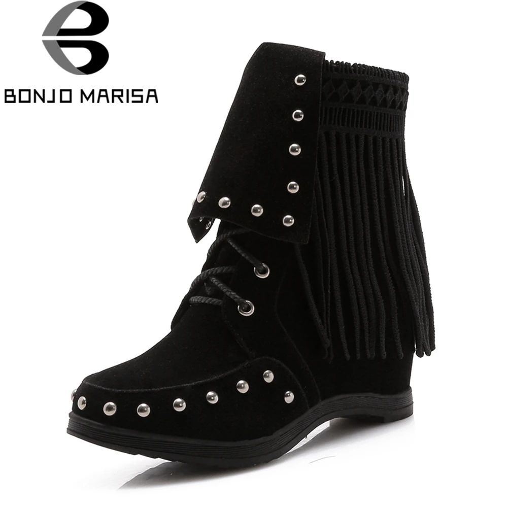 

BONJOMARISA Size 34-43 Brand Rivet Ankle Boots Women Autumn 2018 lace-up Finge turned-over Edge Shoes Woman Height Increase