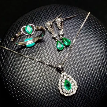 

Natural green emerald Ring Pendant Earrings Natural Gemstone Jewelry Set S925 Silver Fashion water drop Women party gift jewelry