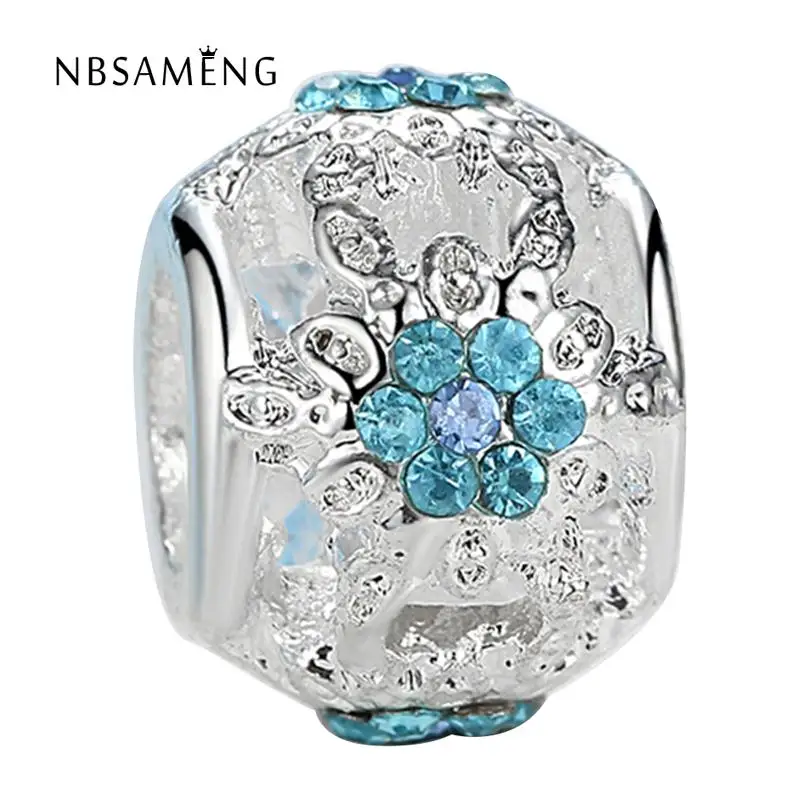 

New Sliver Plated Bead Charm Hollow White Flower With Blue Crystal Radiant Charm Beads Fit Pandora Women Bracelet DIY Jewelry