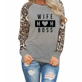 

2019 New Fashion Wife Mom Boss Letters Print T-Shirt For Women Leopard Print Long Sleeve Plus Size Tshirt T-Shirt Female Women