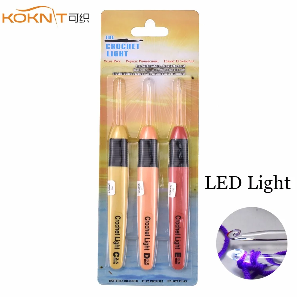 

LED Crochet Hooks 3 PCS/Set Light Up Knitting Needles Weave Sewing Tool Accessorie 2.5-5.0mm Ergonomic Hook With 3 Batteries