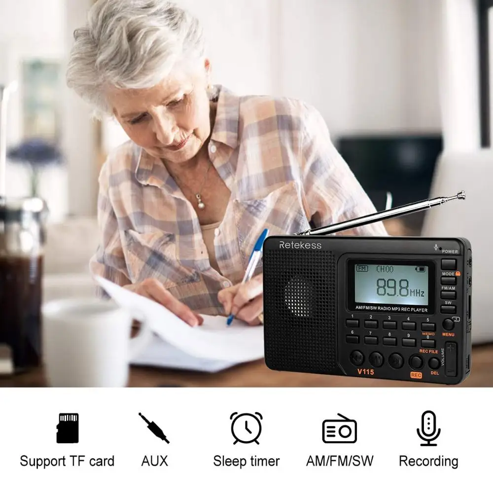 Радиоприемник Retekess V115 fm радио AM SW mp3 плеер с таймером сна черный рекордер F9205A|band