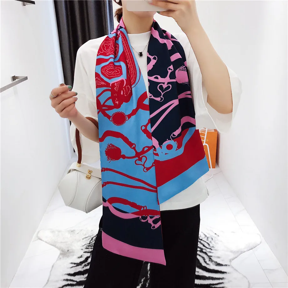 160cm Luxury Brand New Design Tassels Chain Twill Scarf Double-deck Women Scarf Head Silk Scarves Wraps Neckerchief For Ladies