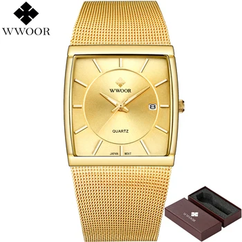 

WWOOR Brand Luxury Mens Watches Waterproof Square Gold Quartz Watch Men Stainless Steel Sport Watch Male Clock Relogio Masculino