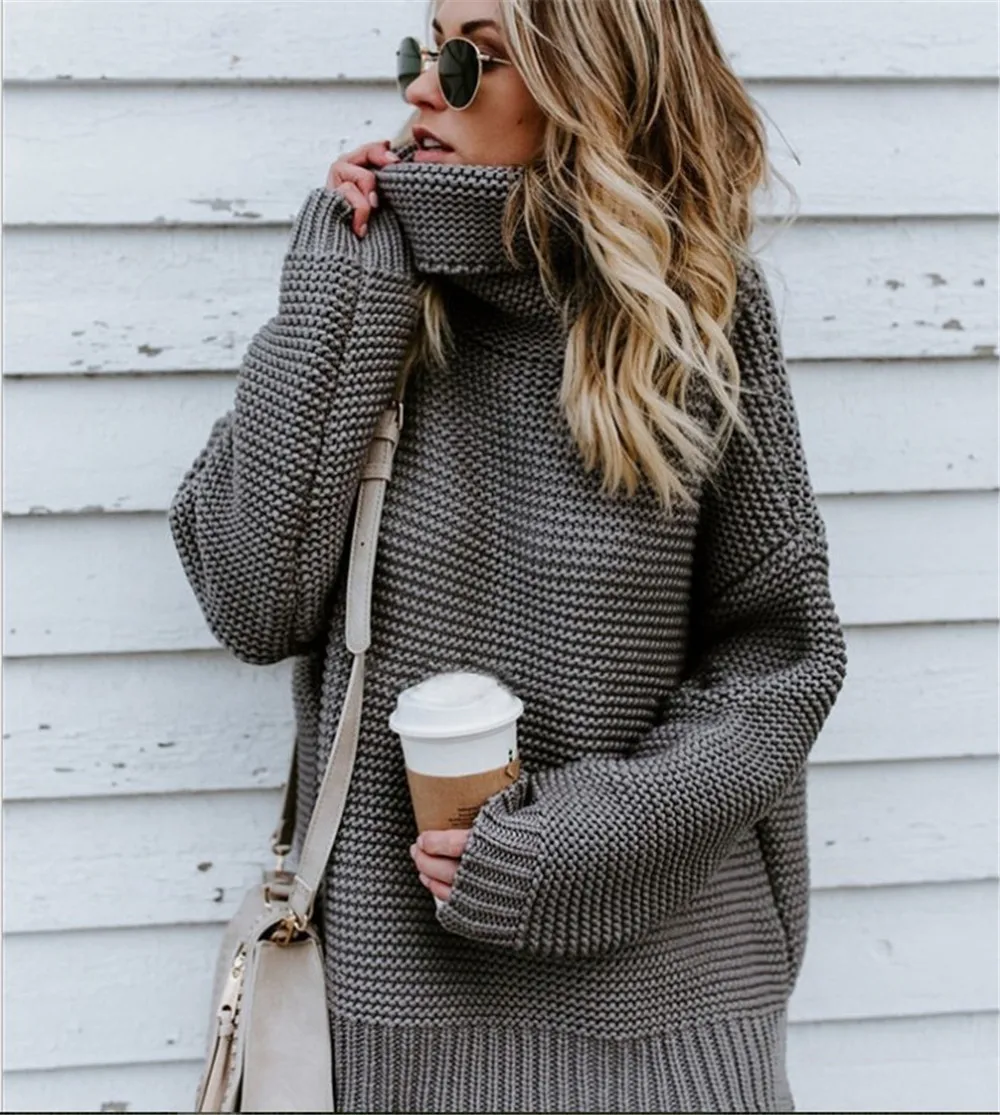 Winter Sweater Women Casual Turtleneck Warm Woman Clothes Retro Loose Long-sleeve Knit Pullover Oversized Sweaters Gray Sweaters