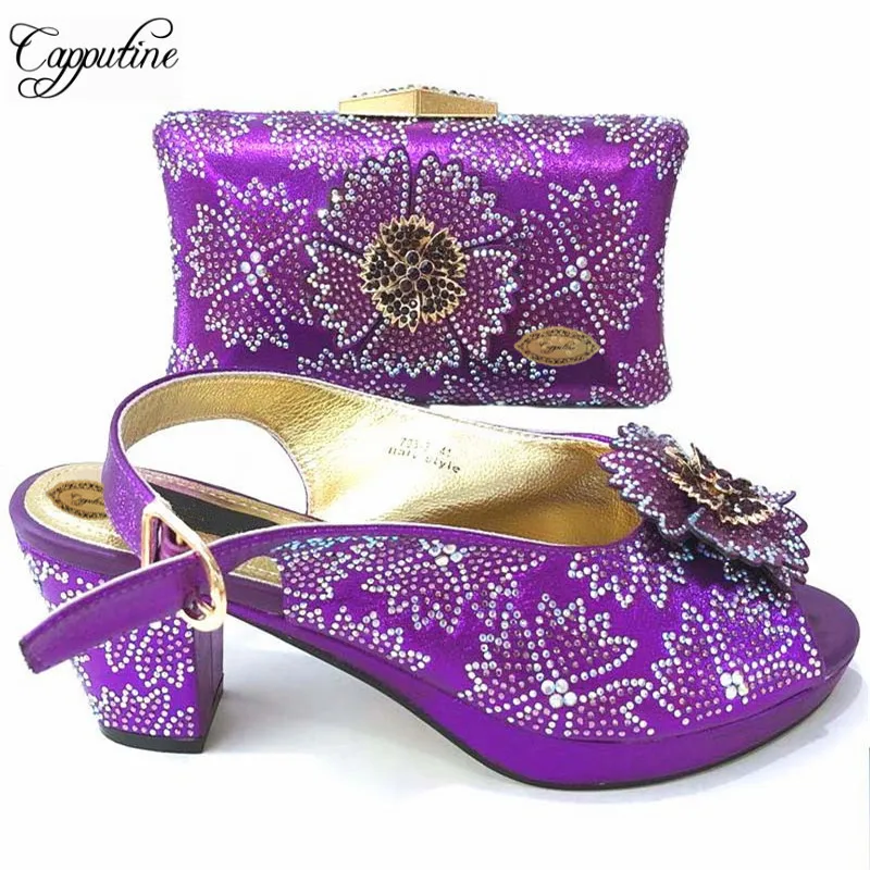 

Capputine Purple Color Rhinestone Shoes And Bag Set New African Style High Heels Slipper Shoes And Bag Set For Party 6Colors