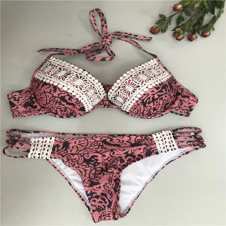 

2018 Sexy Ladies Lace Printed Swimwear Push Up Halter Cut Out Briefs Rope Bathing Suit Straps Swimsuit Bikini Set Swim Biquini