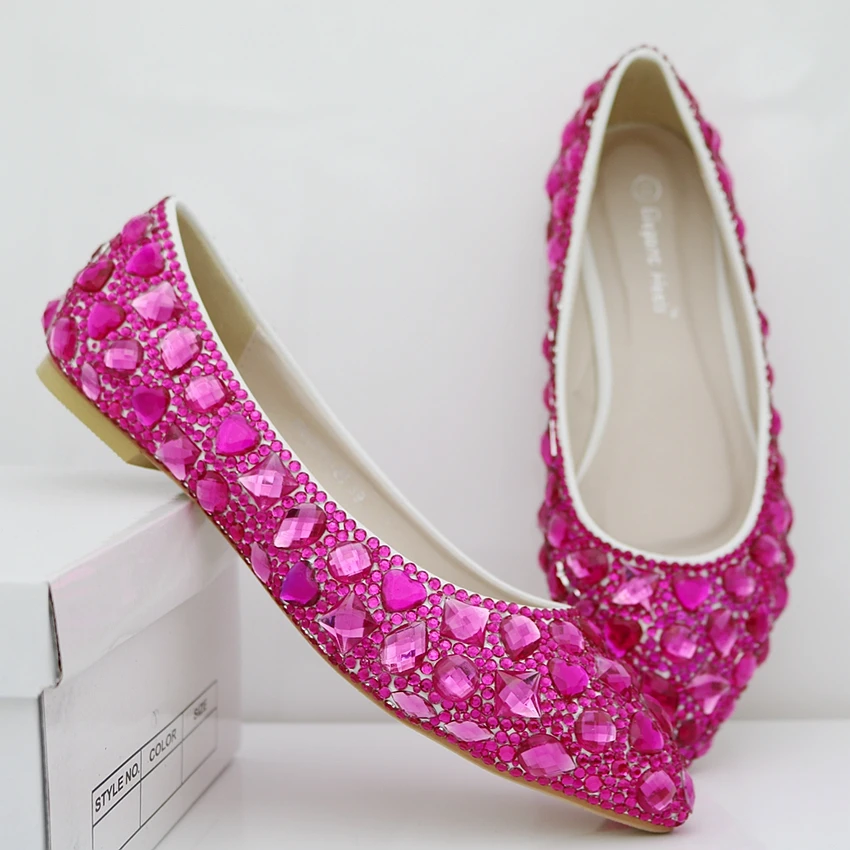 Fashion-fushcia-pink-Crystal-rhinestone-flats-wedding-shoes-pointed-toe ...