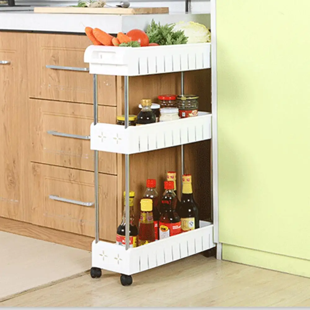 

4 Layer Gap Kitchen Storage Rack Shelf Slim Slide Tower Movable Assemble Plastic Bathroom Shelf Wheels Space Saving Organizer
