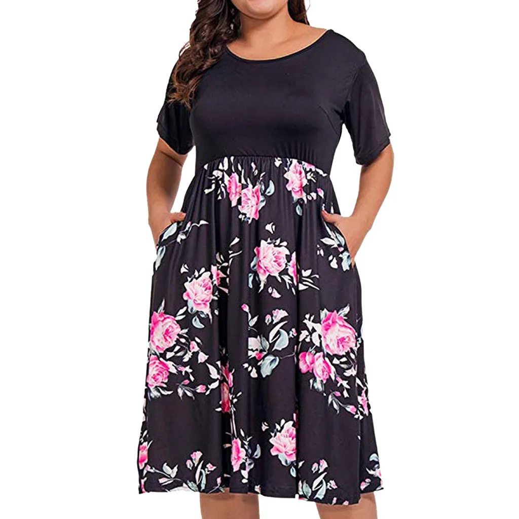 

Women Dress Dummer Plus Size Dresses for Women 4xl 5xl O-Neck Pockets Vintage Hippie Boho Floral Print Beach Dress Party Elegant