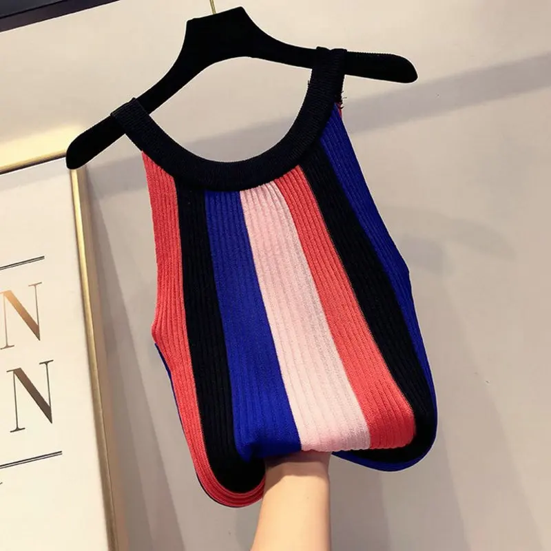 

2018 Women's New Summer Round Neck Color Striped Knit Vest Strapless Sexy Sling Slim Sleeveless Shirt Tank Tops Striped S0046