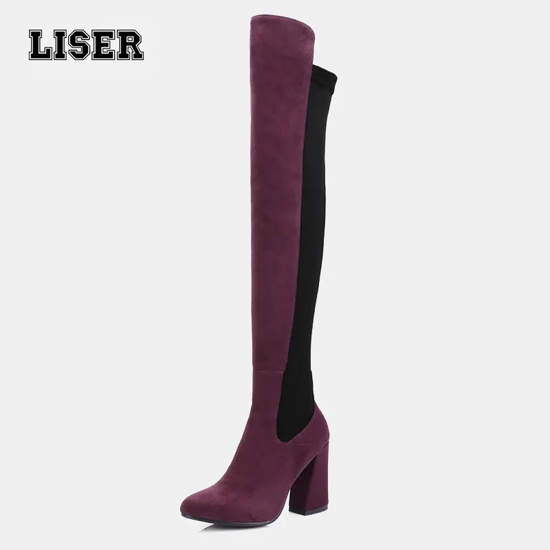 

thigh high boots for women over knee suede stretch Lycra fabric back chunk heels minimalism style top quality ladies winter boot