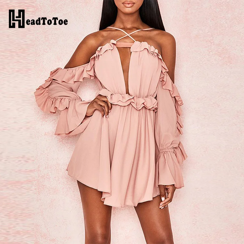 

Halter Cold Shoulder Ruffles Casual Dress