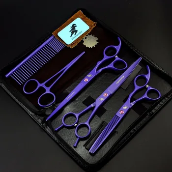 

7.0 inch violet paint 3 pieces combination scissors Pet grooming scissors straight cut bending scissors Set to send row comb