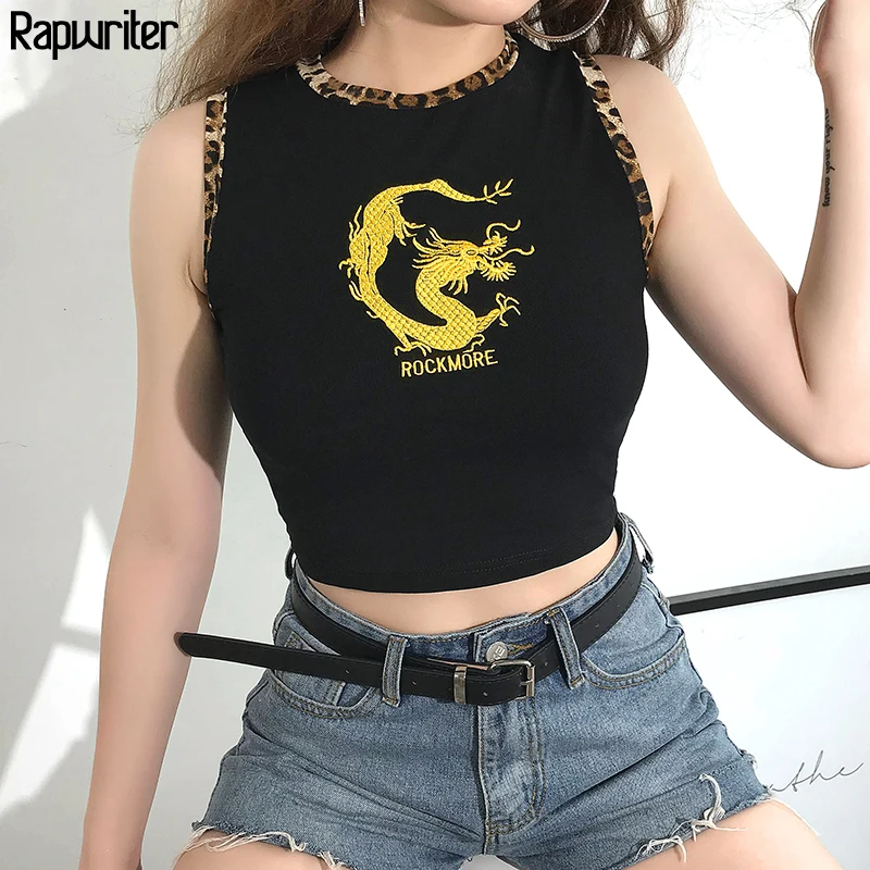 

Rapwriter High Street Skinny Dragon Embroidery Patchwork Leopard Tank Tops Women 2019 Summer Sleeveless Slim Stretch Crop Tops