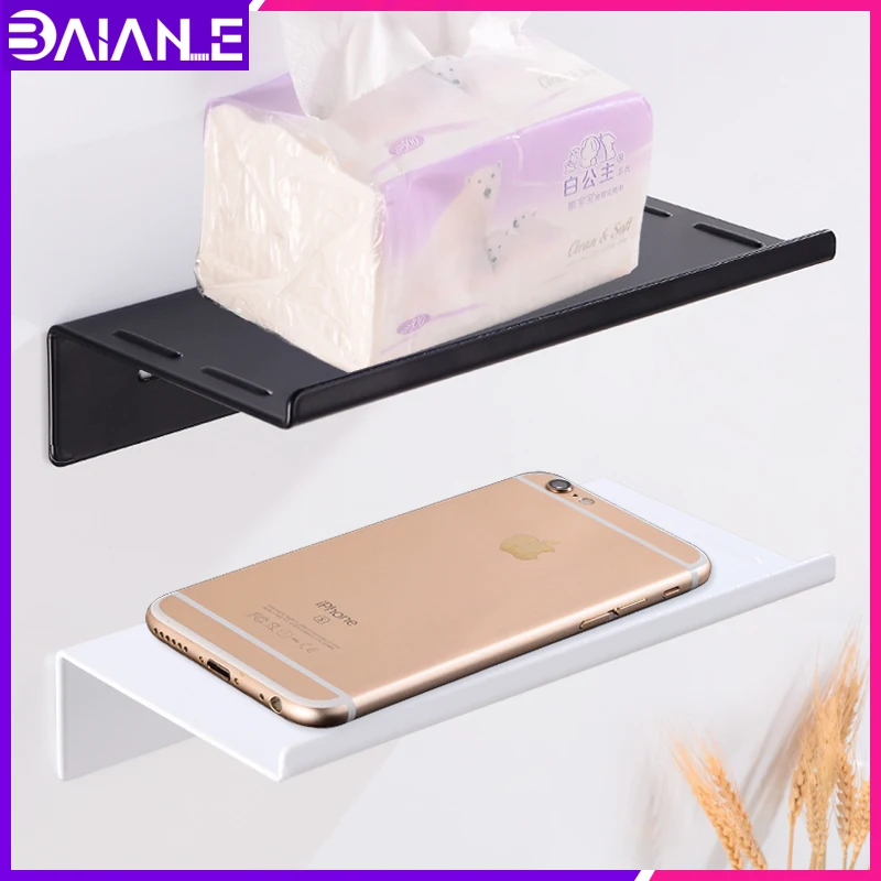 

Bathroom Shelves Single Black Toilet Paper Holder White Shower Shampoo Shelf Corner Rack Wall Mounted Mobile Phone Storage Tray