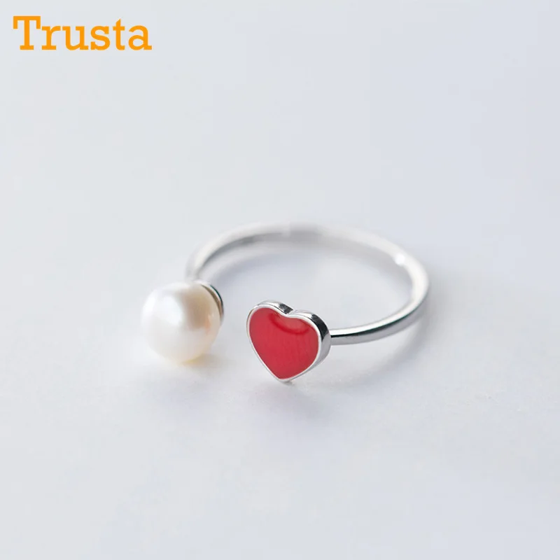 Trusta 100% 925 Sterling Silver Fashion Women Red Heart Artificial Pearls Rings Size 5 6 7 Wonderful Gift For Girls Lady's DS818 |