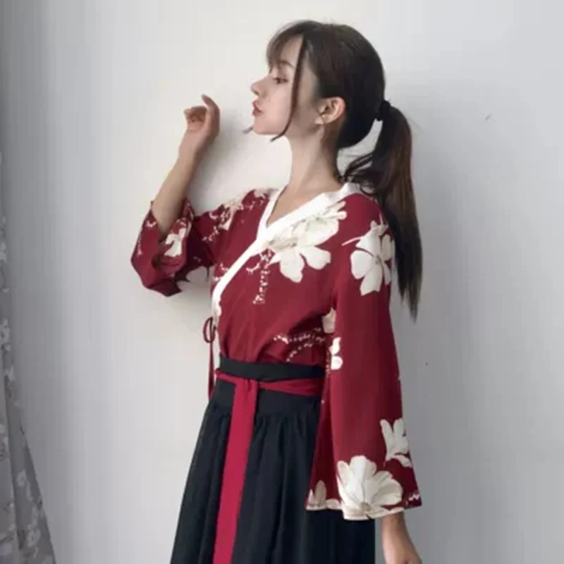 Haori Kawaii японский традиционный кардиган кимоно шифоновая черная юбка с цветочным