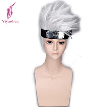 Yiyaobess Наруто Какаши Косплэй парик короткая волнистые серый серебристый взрыв головы Искусственные парики с повязкой на голову для вечерние Синтетические волосы