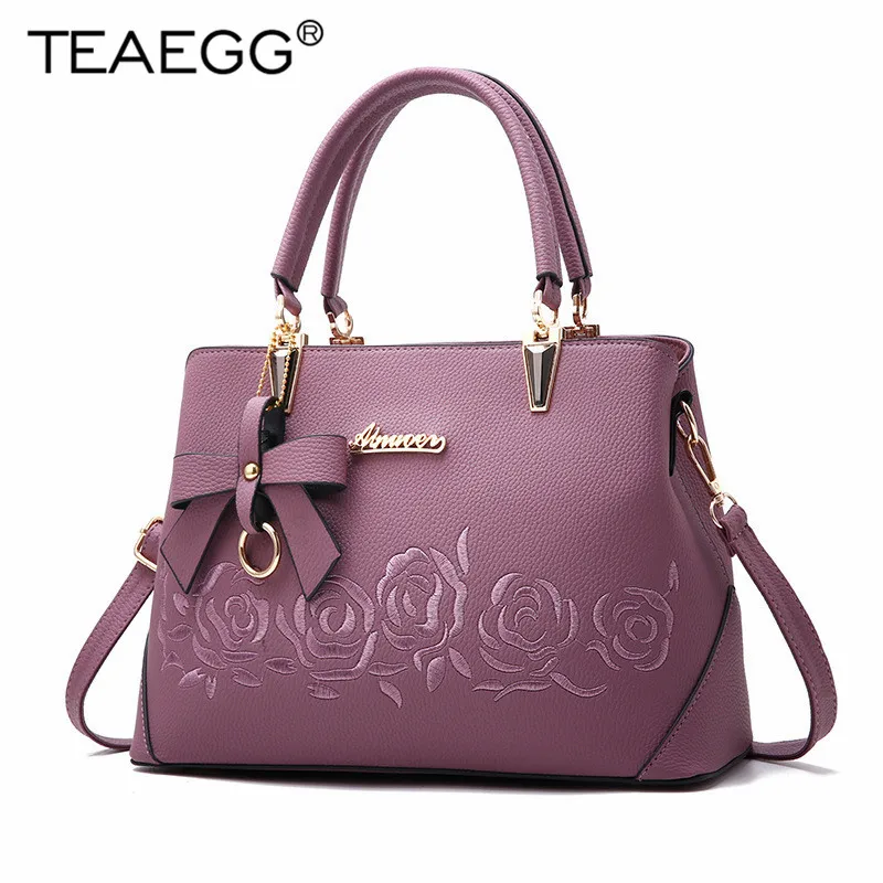

TEAEGG Women Bag Leather Handbag Women Shoulder Bag Tote Embroidery Flowers Sac A Main Femme Bow Pendant Luxury Designer Ladies