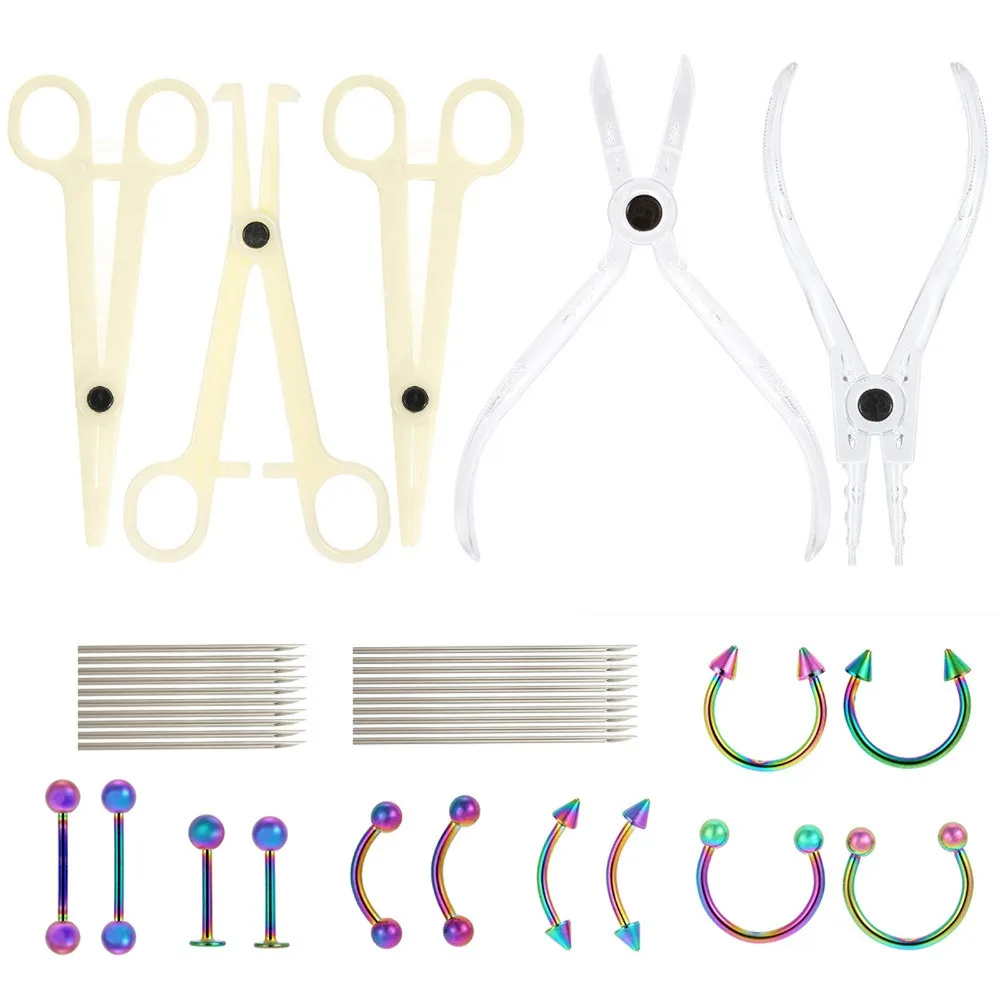 

42pc Professional Body Ear Nose Piercing Kit Tools Plastic Pliers Forceps Needles Set With Ear Labret Lip Nipple Nose Stud Rings