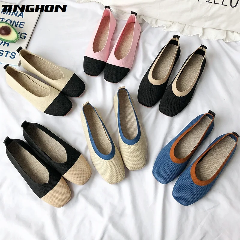 

TINGHON Women Slip On Flat Loafers Square Toe Shallow Ballet Flats Shoes knitting Casual Flat Shoes Ballerina Flats 6Colors