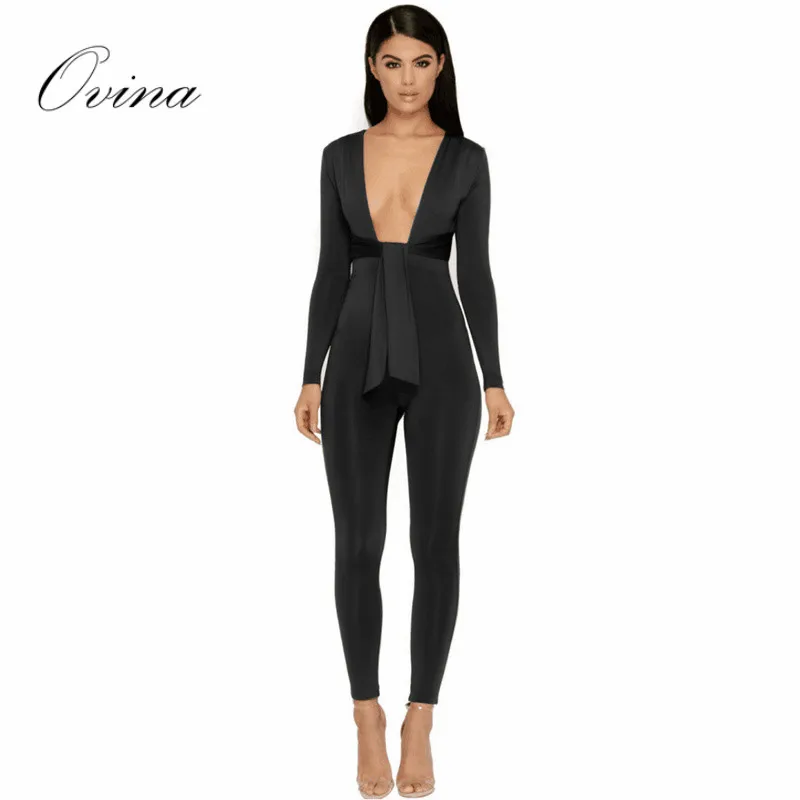 Fashion Black Rompers Women Jumpsuit V Neck Long Sleeve Full Length