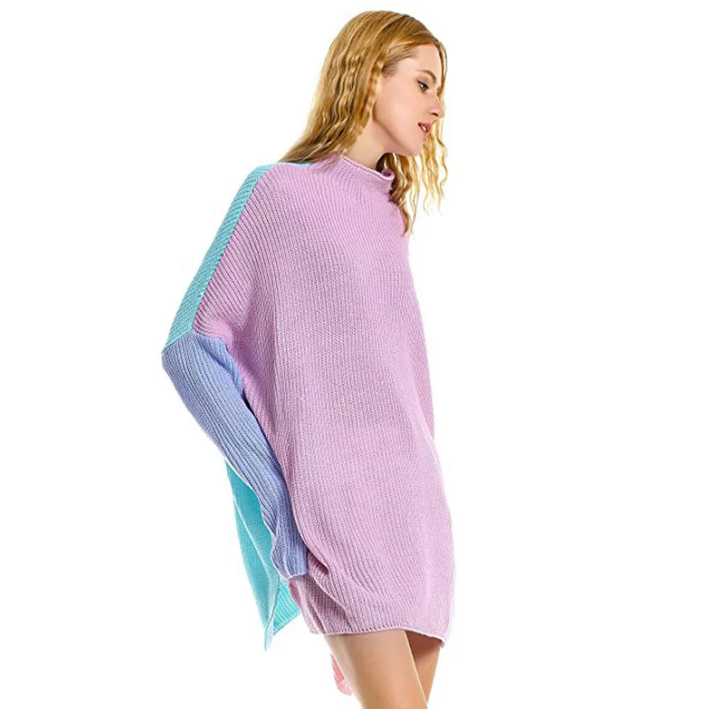 Женская зимняя мода, длинный рукав, вязанные Лоскутные Топы, свободный свитер, блузка, свитер для женщин, roupas feminina
