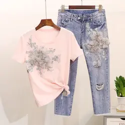 Тяжелая работа Вышивка футболки с цветочным узором + джинсы для женщин для Летние 2 шт. модные костюмы Vogue Стильный Европейский модные