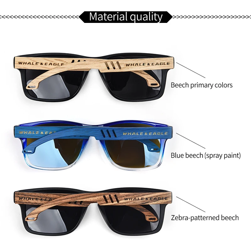 Sunglasses Men Wooden Zebra UV400 W&E Polarized Sunglasses Women Beech Blue Green Lens Handmade Fashionable Brand Cool