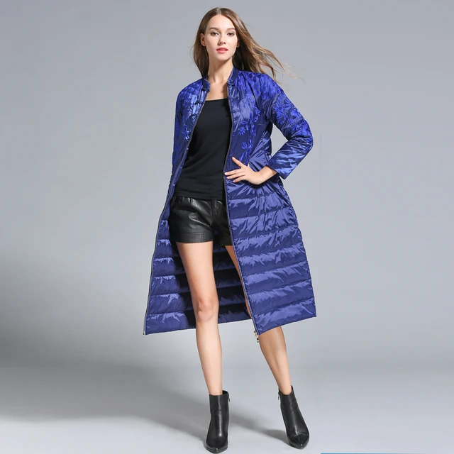 Cheap High Quality Women Winter down Coats 90%White duck+10% feather Embroidered Flower Chinese Stander Collar X-Long Down 2 Colors