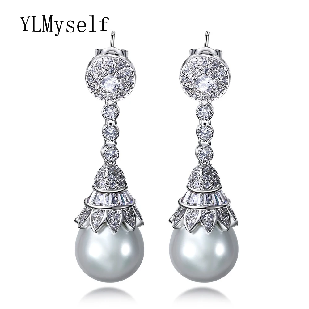 

New Arrival Dangle Earrings Fashion 2019 New Gold/ White color brincos pendientes aretes Cubic zirconia Long Pearl earrings