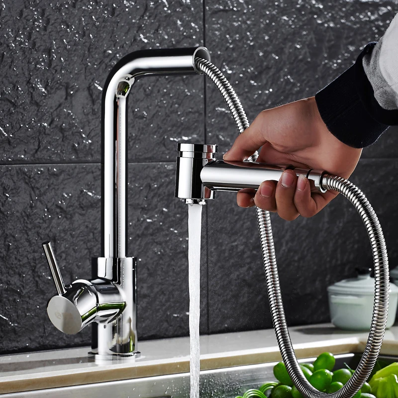 Chrome Kitchen Faucets hot and cold Single Handle Pull Out faucet for Kitchen 360 Degree Swivel mixer Water 3 ways water Tap