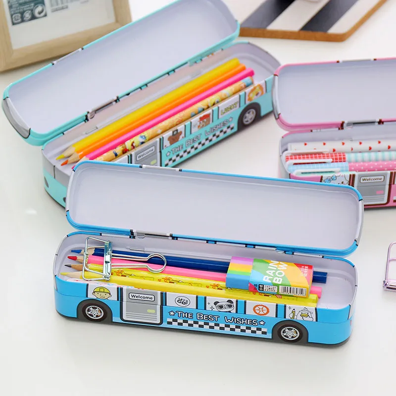 

1pc Color Random Cartoon Double-decker Bus Car Metal Plastic Two Layer Pencil Case Pen Box Kids Gift Student School Supplies