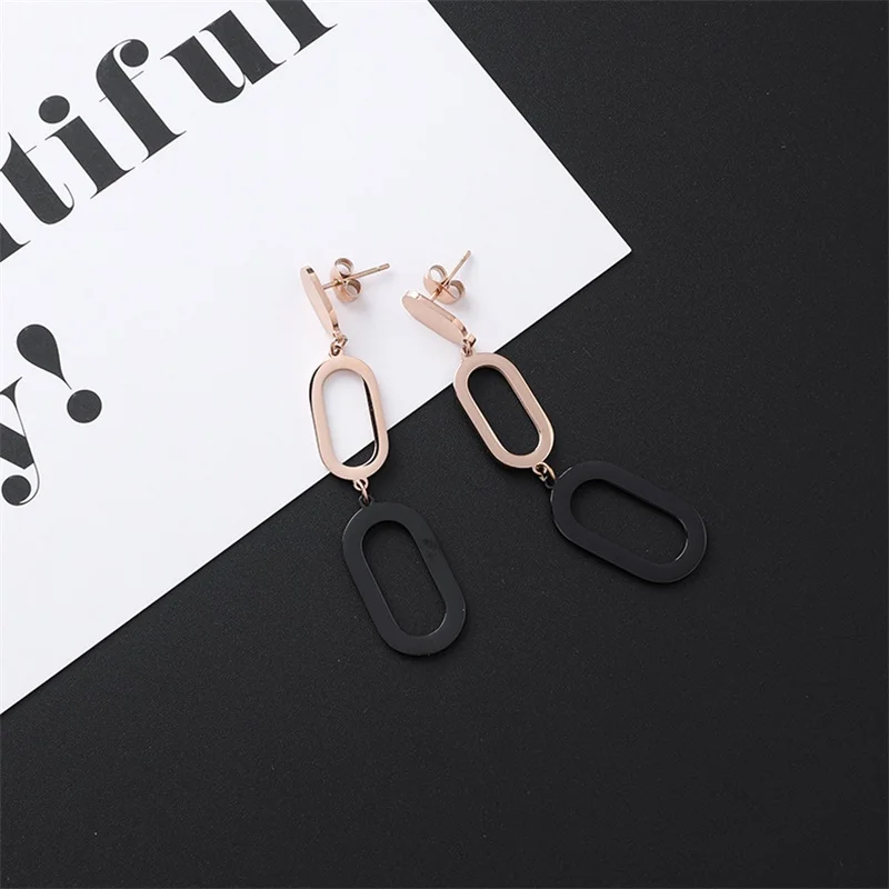 New Listing Geometric Titanium Steel long Tassel Girl Earrings gold Stainless Steel Triangle leaf Girl Black Jewelry Earrings 1 - Окраска металла: style-2