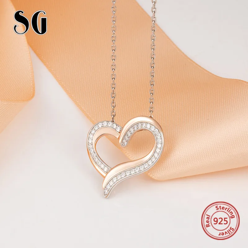 

100% authentic 925 sterling silver love heart pendant chain women necklace with Cubic Zirconia European diy fashion jewelry gift