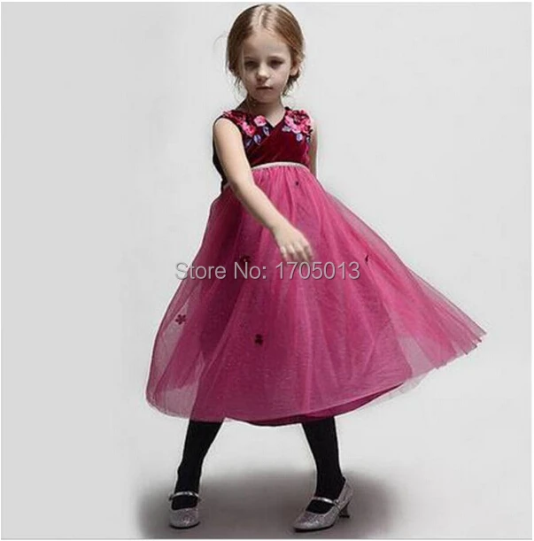 

Free shipping Flower V-Neck dress foreign trade Children Princess paillette Ruffled Hemline Girl dresses