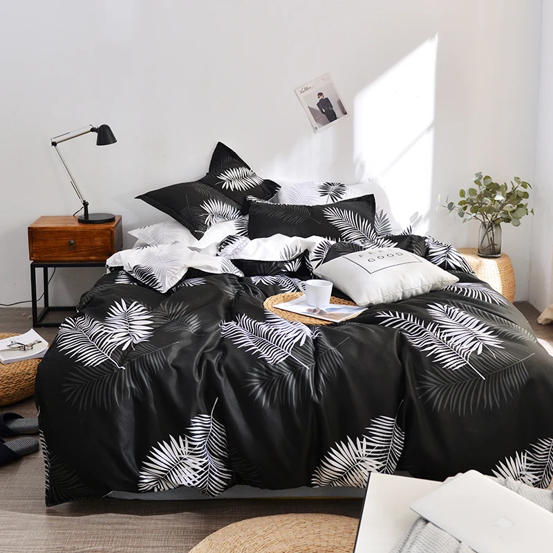 

Black Bed Linen Sets White Leaves Printed Bedding Set Single Twin Double Bedspreads and Beddings Queen King Size Bed Cover