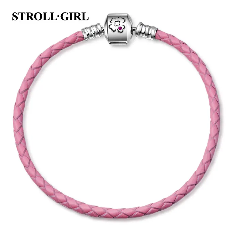 Strollgirl, 925 пробы, серебряный, розовый, красный кожаный плетеный браслет, цепочка в виде змеи с цветком, модные ювелирные изделия