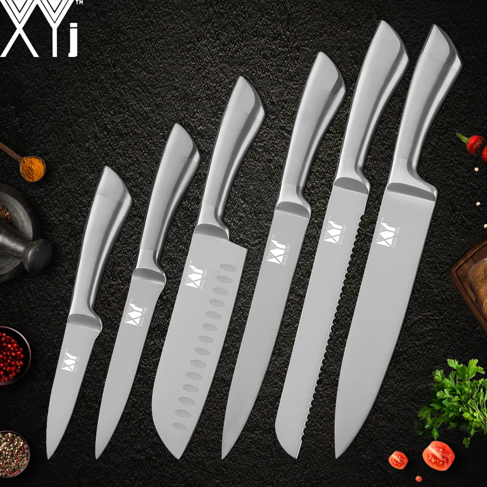 Baratos XYj cuchillo de cocina de acero inoxidable Set hoja de acero de alto carbono Mango antideslizante cuchillos carne pescado fruta Sushi accesorios de cocina