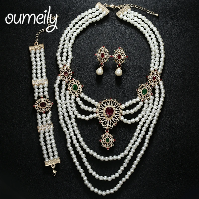 

Jewelry Sets For Women Gold Color African Beads Simulated Pearl Jewelry Set 3 Layer Vintage Turkish Jewellery Dress Accessories