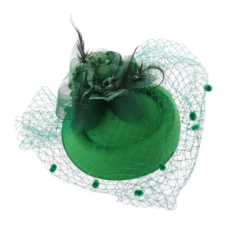 Коктейльные Вечерние вуалетки Seashell шляпа-таблетка Женская блестящая пудра искусственная Роза цветок карамельный цвет сетка вуаль заколка для волос - Цвет: Зеленый