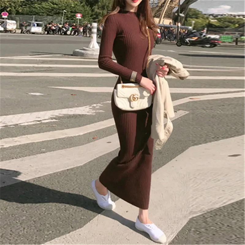 

CBAFU sweater dress autumn winter knitted bodycon bandage dress women long sleeve sexy elastic slim long dress knitted N916