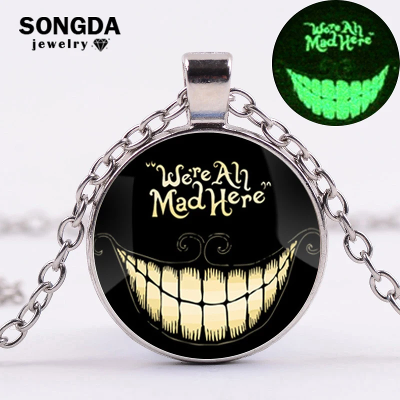 

SONGDA 2018 New Cheshire Cat Glowing in the Dark Pendant Necklace for Women Children Necklace Alice in Wonderland Retro Jewelry
