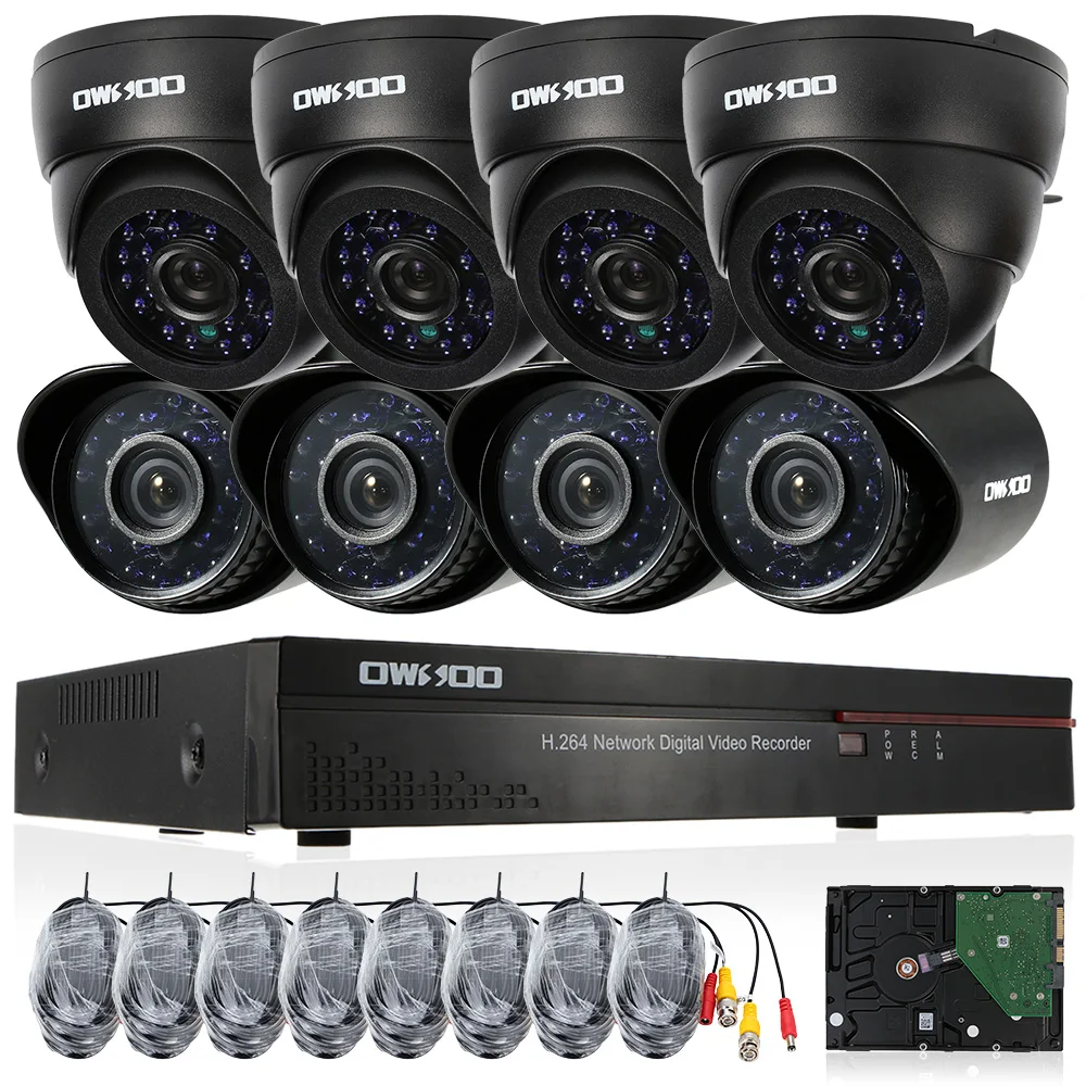OWSOO 4CH Full 960H//D1 P2P Cloud DVR 4*800TVL Dome CCTV Camera 4*60ft Cable Kit