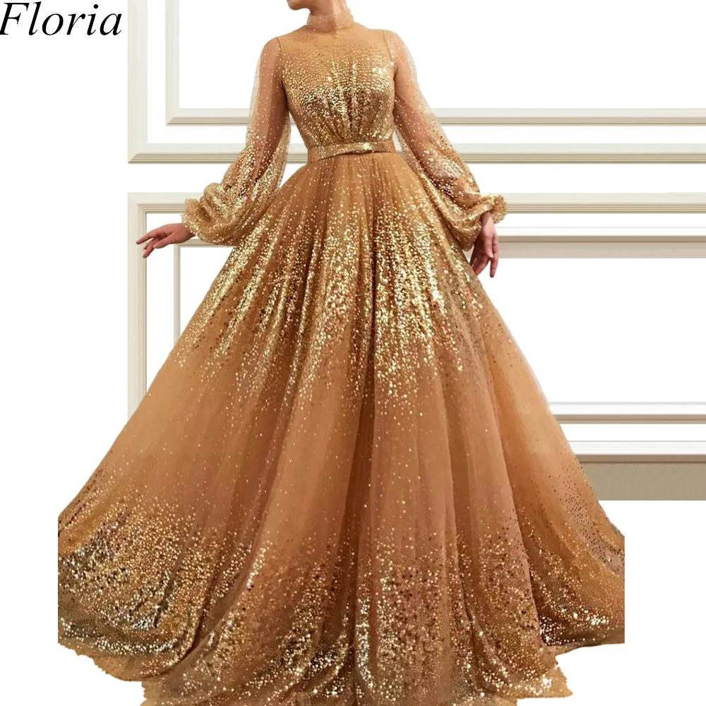 

Modest Champagne Long Evening Dresses 2019 Long Sleeves High Neck Formal Dubai Evening Party Dress With Sashes Robe De Soiree