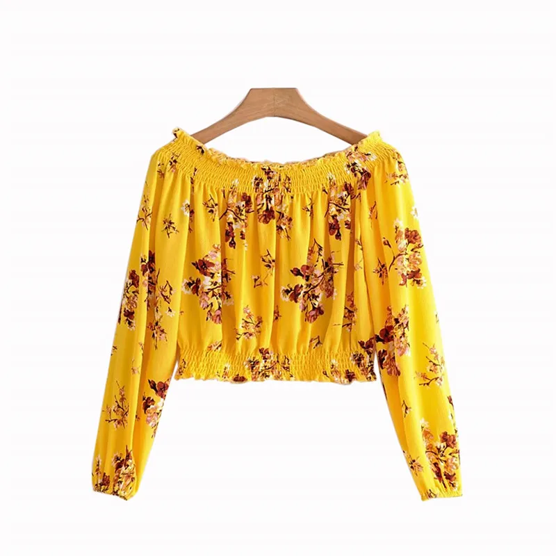 Women Summer Floral Yellow Chiffon Shirt Female Strapless Tops Sexy ...