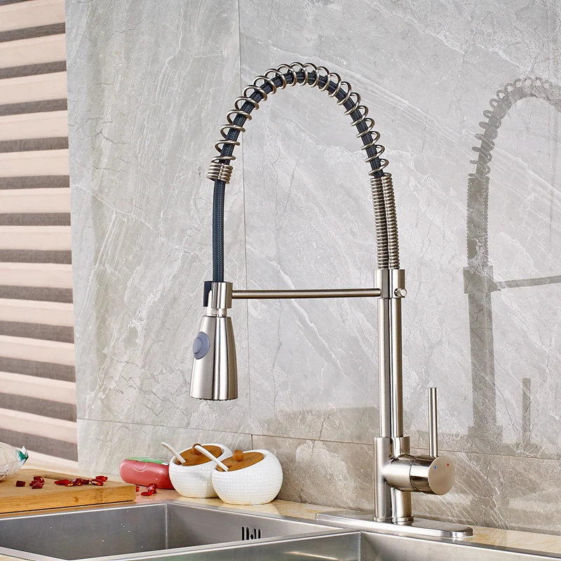

Modern Nickle Brushed Finish Spring Kitchen Bathroom Faucet Single Hole Handle